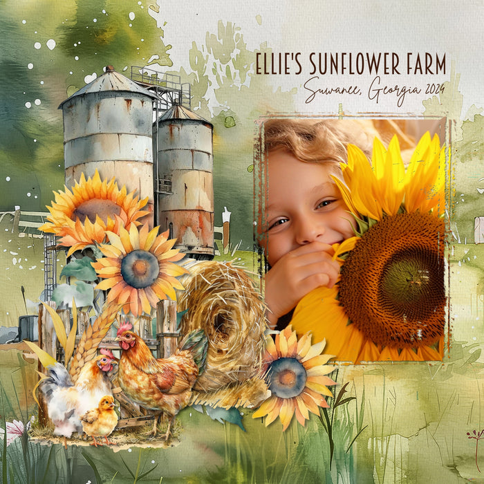 Whether you love to spend your time on the farm, the ranch, growing crops, or enjoy barnyard animals and the garden, this beautiful watercolor digital scrapbooking collection by Lucky Girl Creative digital art will help you document your memories. Embellishments include bull, cow, chicken, hen, rooster, chick, bunny rabbit, nest, cattle, Border Collie dog, goat, horse, bee, bug, insect, pig, hog, sheep, barn door, barn, farmhouse, window, shed, chicken coop, clothespin, crop, corn, field, cowboy, and more.