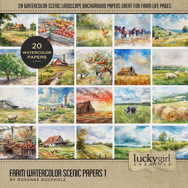 Whether you love to spend your time on the farm, the ranch, enjoying your barnyard animals, or tending to your garden, this beautiful watercolor background paper collection by Lucky Girl Creative digital art for digital scrapbooking will help you document your memories. Scenic landscapes include crops, fields, meadow, farmland, farmers' market, barn, farmhouse, hay bales, orchard, dairy, horses, and everything a farmer would love. This kit is included in the Farm Watercolor Bundle.