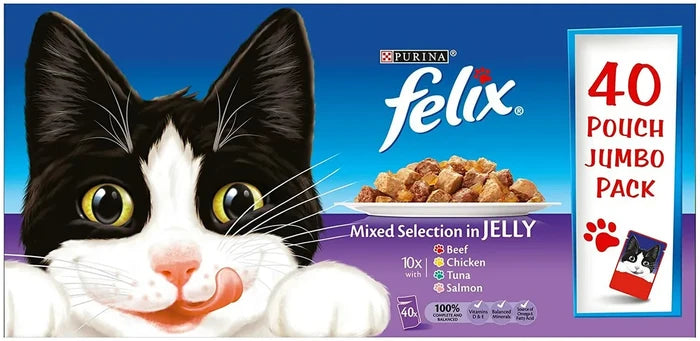 Felix As Good As It Looks Mixed Selection In Jelly Cat Food, Jumbo Pack with Salmon, Chicken, Beef and Tuna 40 x 85g- 3.4kg - Shoppers-kart.com