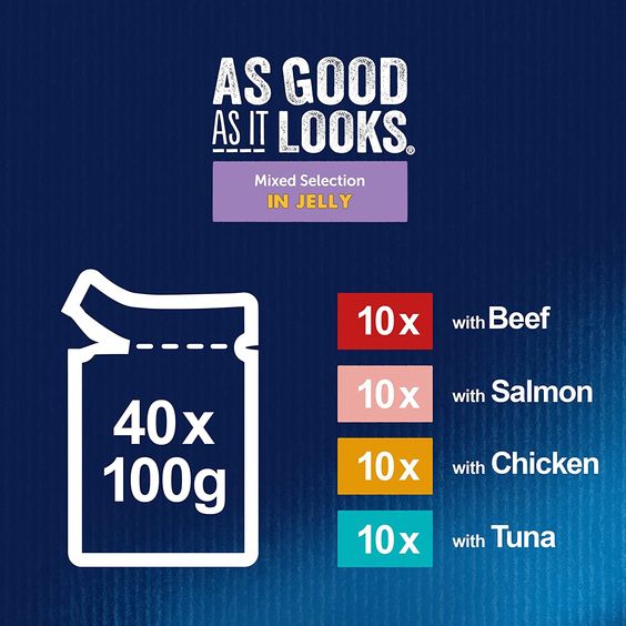 Felix As Good As It Looks Mixed Selection In Jelly Cat Food, Jumbo Pack with Salmon, Chicken, Beef and Tuna 40 x 85g- 3.4kg - Shoppers-kart.com