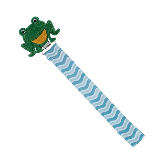 The Nuby Felt Pacifier Clip features a blue and white wavy strap, a green smiling frog face at the top, and a secure metal clasp at the bottom.
