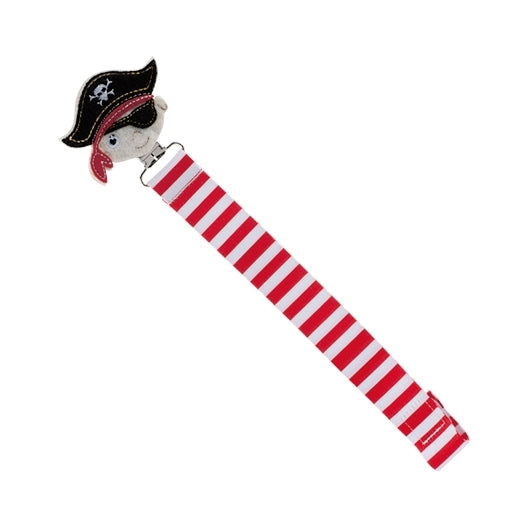 The Nuby Felt Pacifier Clip features a plush pirate head with a black hat and eye patch on a red and white striped strap—keeping your baby’s pacifier secure and always within reach.