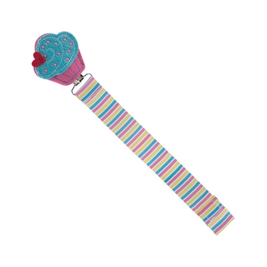 The Nuby Felt Pacifier Clip features a striped ribbon and a felt cupcake with a blue top, pink wrapper, and red heart—keeping your baby’s pacifier secure and stylish.