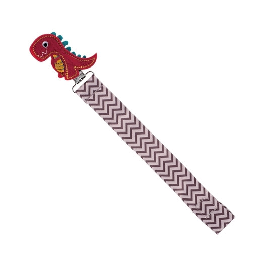 The Nuby Felt Pacifier Clip features a chevron-patterned strap and a red felt dinosaur with blue spikes and a yellow belly—an adorable way to keep your baby’s pacifier close and stylish.