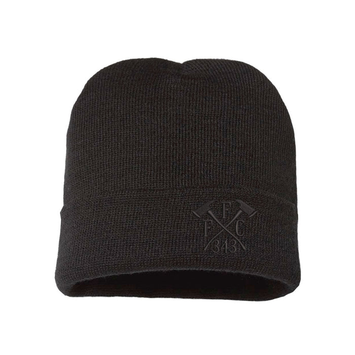 Blackout beanie with all-black FFC 343 Crossed Axes embroidery, honoring fallen firefighters from 9/11.