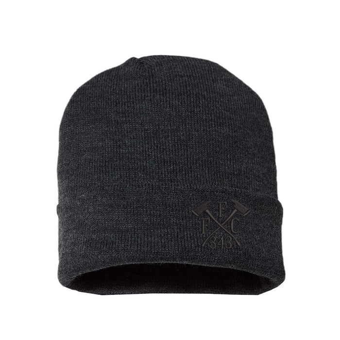 Cuffed firefighter beanie in dark grey with subtle black FFC 343 Crossed Axes embroidered design.