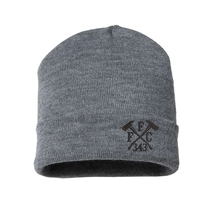 FFC 343 Blackout Collection beanie featuring black Crossed Axes emblem, symbolizing firefighter courage and sacrifice.