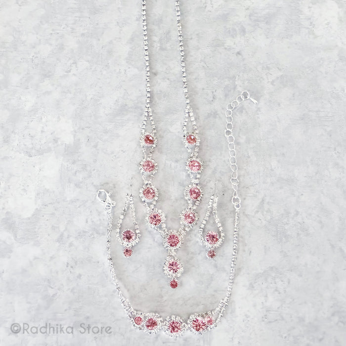 Flower Drops - Rhinestone Deity Necklaces Belt And Earring Set -  Pink or Blue
