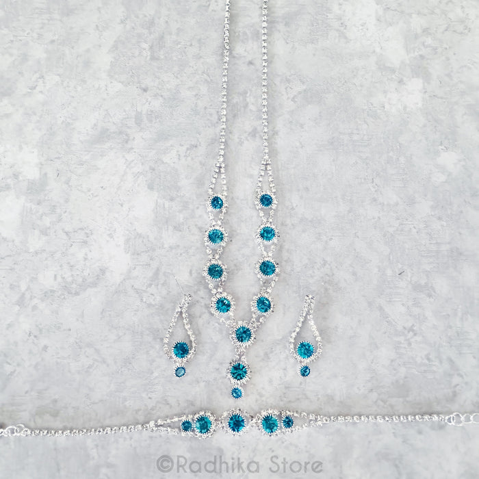 Flower Drops - Rhinestone Deity Necklaces Belt And Earring Set -  Pink or Blue