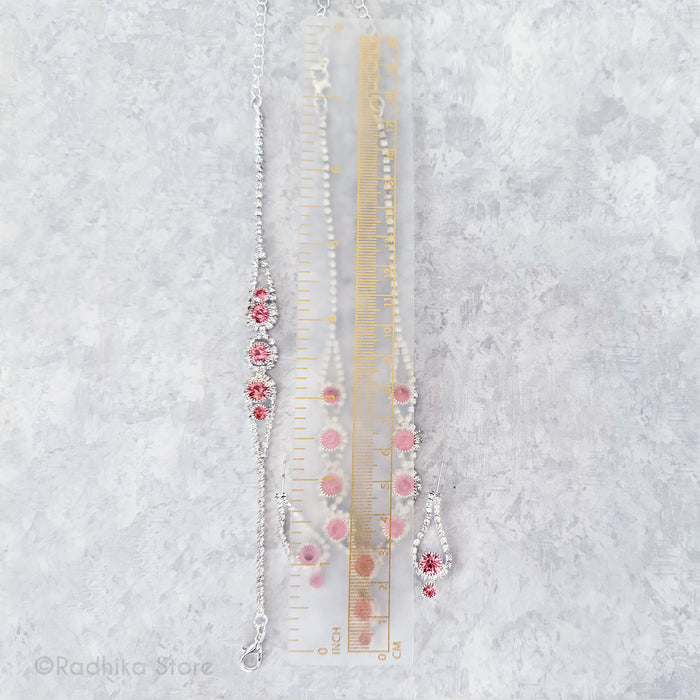 Flower Drops - Rhinestone Deity Necklaces Belt And Earring Set -  Pink or Blue