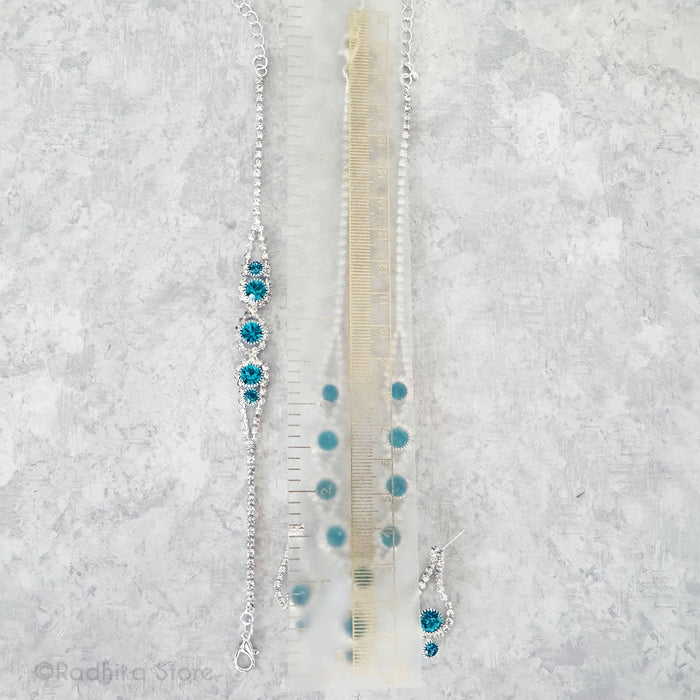 Flower Drops - Rhinestone Deity Necklaces Belt And Earring Set -  Pink or Blue
