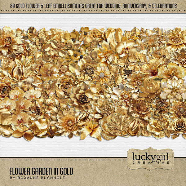Flowers, flowers, and more flowers fill this beautiful realistic digital scrapbooking collection by Lucky Girl Creative digital art with hues of gold. Featuring a wide variety of flowers from around the world, these embellishments are perfect for everyday, spring, summer, tropical vacations, flower gardens, anniversary, birthday, and weddings, too! This kit is NOT included in any bundle.