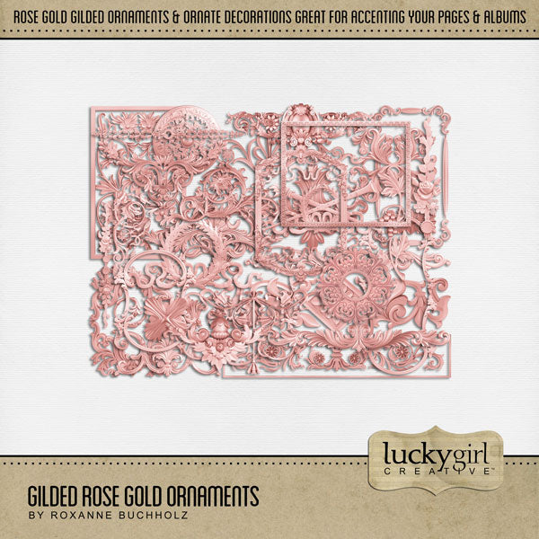 Add these gilded shiny rose gold pink ornate embellishments by Lucky Girl Creative digital art to all your digital scrapbooking pages for that extra touch of richness. Elements include fancy decorations, flourishes, frames, medallions, laurel wreath, borders, and more. Great for family history, genealogy, trips to the museum, and vacations to Europe. This kit is included in the Gilded Ornaments Bundle.