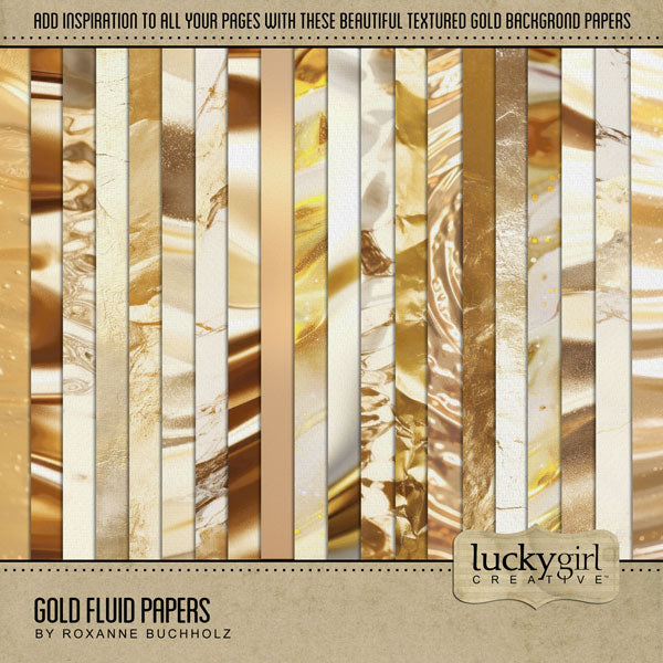 Add gold fluid textured papers by Lucky Girl Creative digital art to all your digital scrapbooking pages! In hues of gold, the fluid and liquid digital scrapbooking background papers add so much warmth and depth to all your memory keeping projects. Great for celebrations including wedding, anniversary, birthday, graduation, New Year, and more! This kit is included in the Gold Fluid Papers & Overlays Kit.