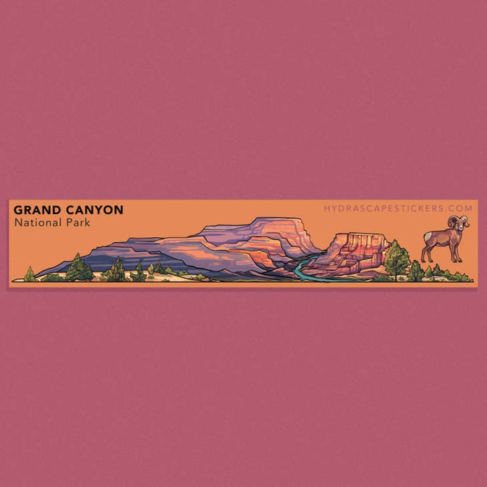 Grand Canyon Miniscape Sticker with layered canyon cliffs, a blue river, trees, and a ram on an orange background.