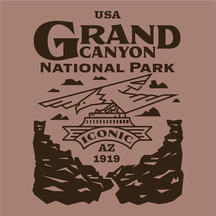 Close up of a tan tank top print showing Grand Canyon National Park emblem and Iconic AZ 1919 badge.