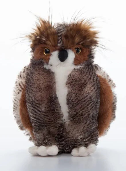 Soft plush Great Horned Owl toy with brown fur white chest and fluffy tufts.