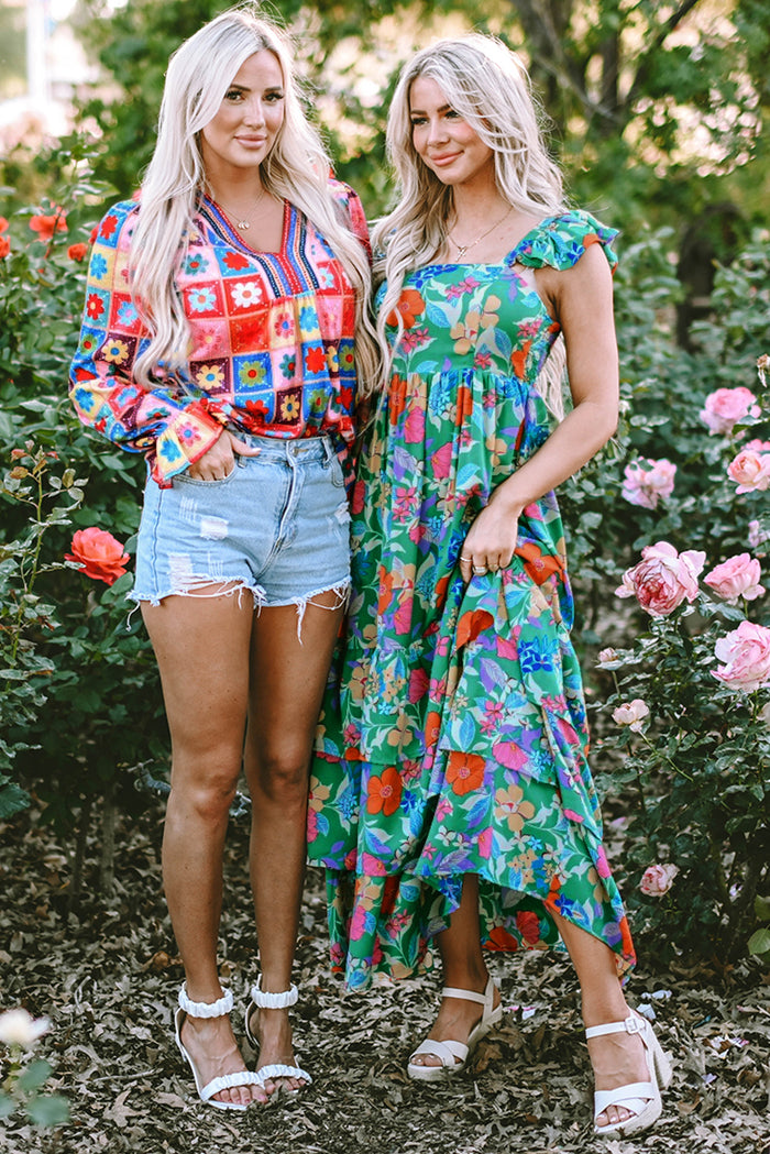 Green Floral Print Sleeveless Ruffle Tiered Maxi Dress