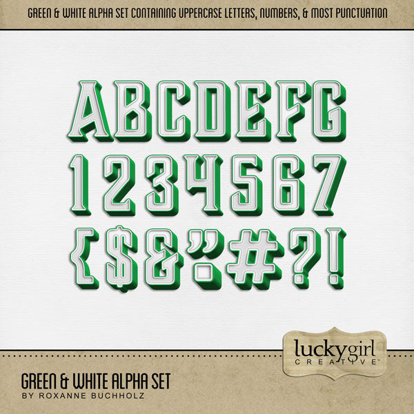 These green and white alphabet and number digital scrapbooking embellishments by Lucky Girl Creative digital art are easy to use for everyday digital scrapbook page titles and special occasions such as Christmas and St. Patrick's Day. The Green & White Alpha Set consists of a full set of digital art uppercase alphabet letters A-Z, numbers 0-9, and most punctuation marks. This alpha set is available as individual embellishments only.