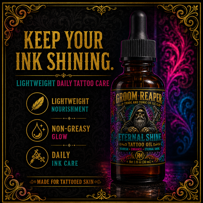 Benefits card — "Groom Reaper Eternal Shine Tattoo Oil – lightweight daily tattoo care with non-greasy glow – 1 fl oz dropper bottle"