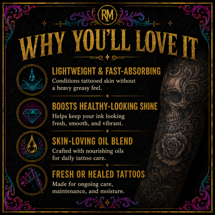 Why You'll Love It card — "Eternal Shine Tattoo Oil benefits – lightweight fast-absorbing formula for fresh and healed tattoos – boosts ink shine"