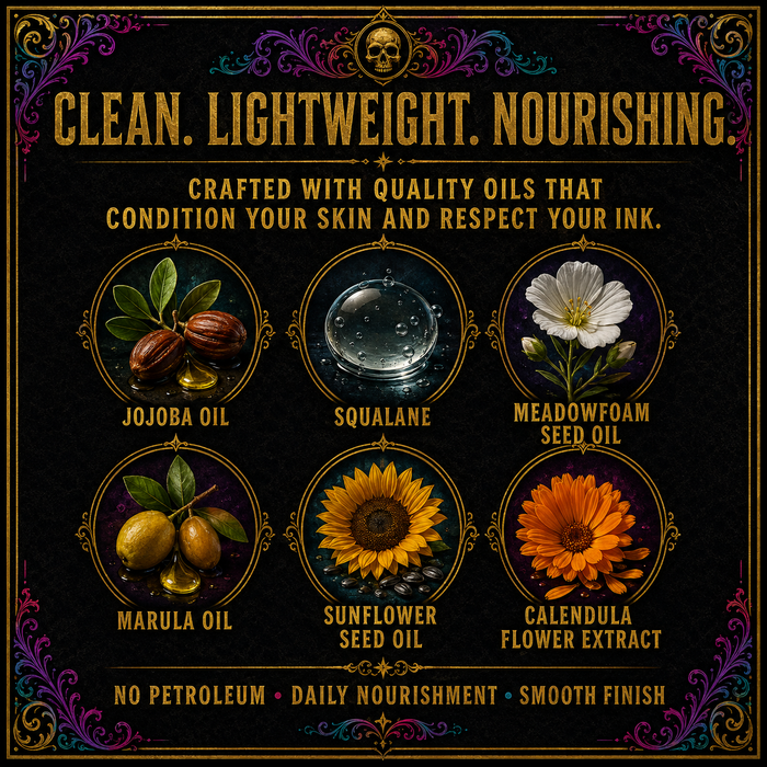 Ingredients card — "Eternal Shine Tattoo Oil ingredients – jojoba oil, squalane, marula oil, meadowfoam seed oil, calendula – clean nourishing formula"