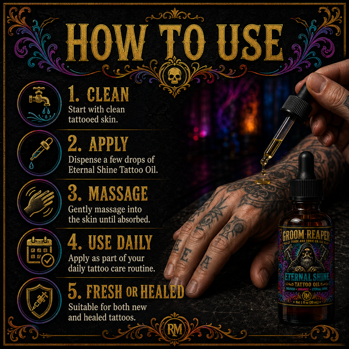 How To Use card — "How to use Eternal Shine Tattoo Oil – clean, apply drops, massage into tattooed skin daily for fresh and healed ink"