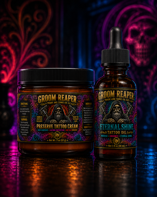 Groom Reaper's Mark Preserve System – Eternal Shine Tattoo Oil 1 oz and Preserve Tattoo Cream 2 oz – daily tattoo care duo – nourish enhance eternal shine – rich moisture lasting protection ink that endures – small-batch tattoo aftercare for healed ink