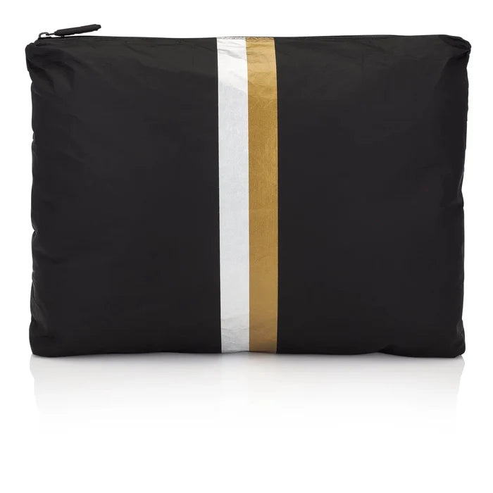 Black and gold striped travel tote