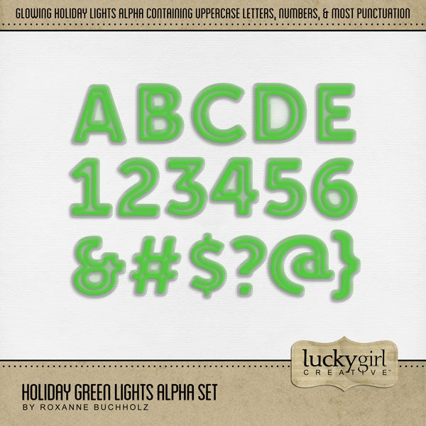 Shine bright this holiday season with this glowing light alpha set by Lucky Girl Creative digital art. Use in a solid color or mix-and-match all the various holiday light alphas for added fun on all your digital scrapbooking page titles! Great for birthday and celebrations! This alpha set consists of a full set of digital art uppercase letters A-Z, numbers 0-9, and most punctuation marks. This alpha set is available as individual embellishments only. This kit is included in the Holiday Lights Alpha Bundle.