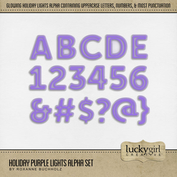 Shine bright this holiday season with this glowing light alpha set by Lucky Girl Creative digital art. Use in a solid color or mix-and-match all the various holiday light alphas for added fun on all your digital scrapbooking page titles! Great for birthday and celebrations! This alpha set consists of a full set of digital art uppercase letters A-Z, numbers 0-9, and most punctuation marks. This alpha set is available as individual embellishments only. This kit is included in the Holiday Lights Alpha Bundle.