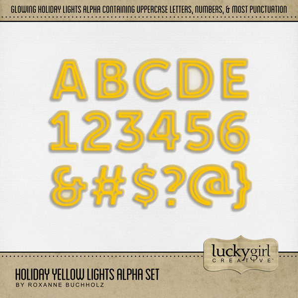 Shine bright this holiday season with this glowing light alpha set by Lucky Girl Creative digital art. Use in a solid color or mix-and-match all the various holiday light alphas for added fun on all your digital scrapbooking page titles! Great for birthday and celebrations! This alpha set consists of a full set of digital art uppercase letters A-Z, numbers 0-9, and most punctuation marks. This alpha set is available as individual embellishments only. This kit is included in the Holiday Lights Alpha Bundle.