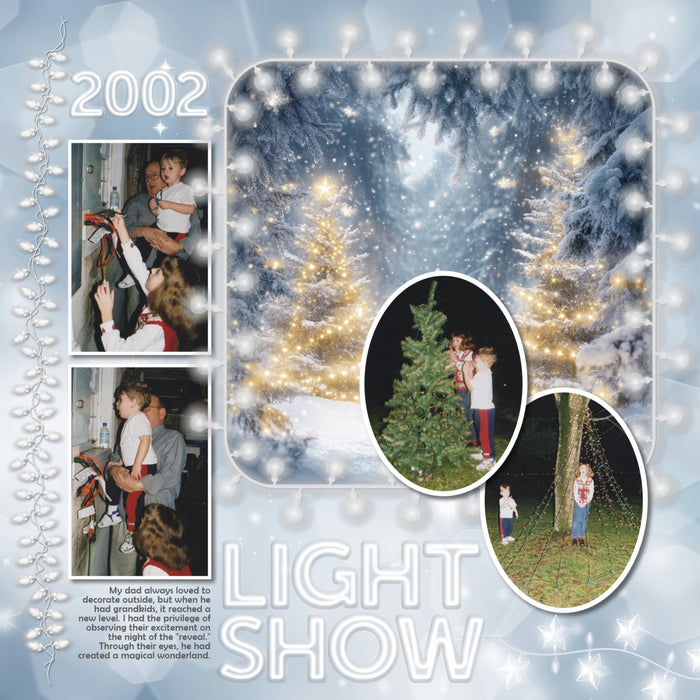 Sparkle and shine this holiday season with beautiful white Christmas light embellishments, scenic winter and bokeh papers, frames, and glowing white alpha set by Lucky Girl Creative digital art for digital scrapbooking. Great for winter sports, nature hikes, Christmas, the holidays, cabin vacations, and more.