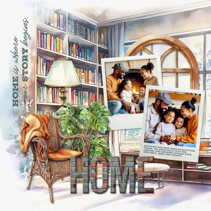 This watercolor house and home bundle by Lucky Girl Creative digital art features embellishments, papers, a brick alpha set, and word art to make your digital scrapbooking pages warm and cozy! Great for documenting your memories of house, home, family, and friends. Embellishments include air conditioner, Alexa, dishwasher, appliance, oven, stove, refrigerator, washing machine, laundry basket, bath tub, faucet, sink, tile, toilet, bean bag, bed, bookcase, book, brick, chimney, computer, door, and more.