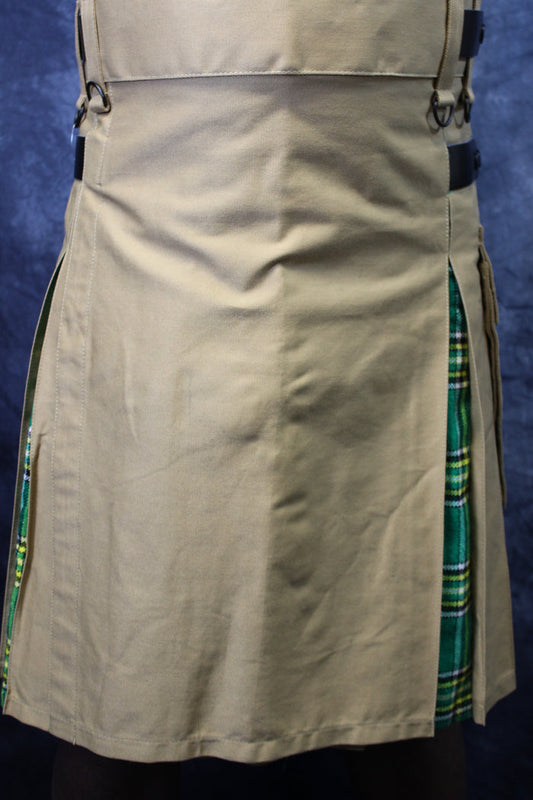 Hybrid Kilt Khaki with Irish Tartan Pleats