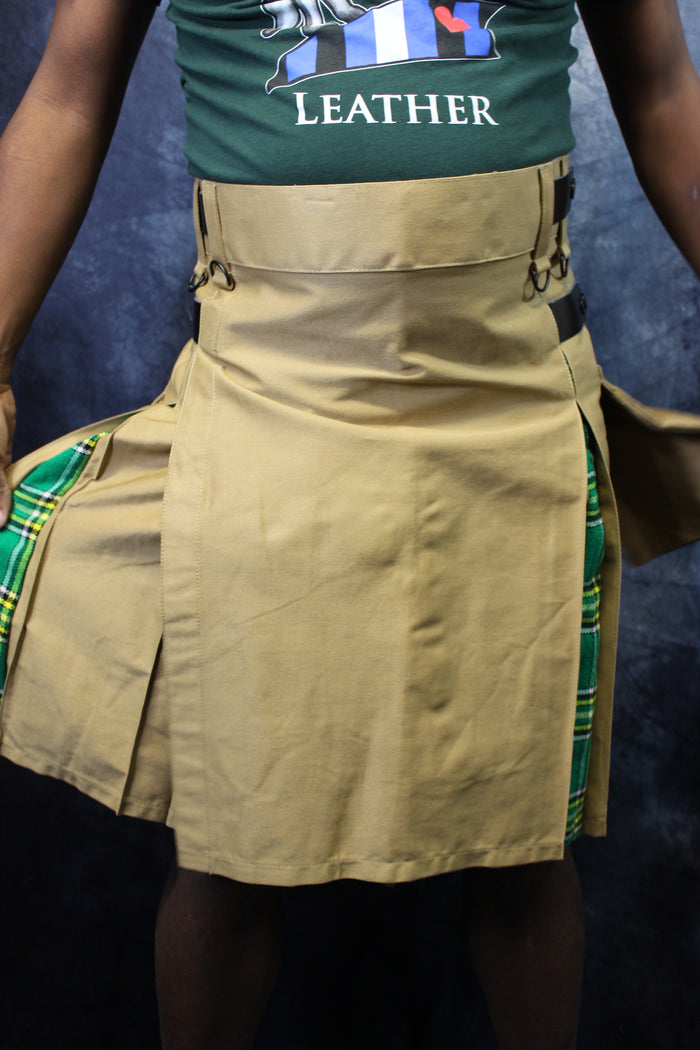 Hybrid Kilt Khaki with Irish Tartan Pleats