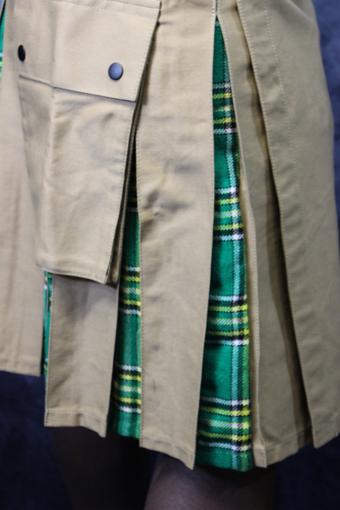 Hybrid Kilt Khaki with Irish Tartan Pleats