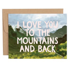 I Love You to the Mountains and Back greeting card with mountain landscape and a kraft envelope