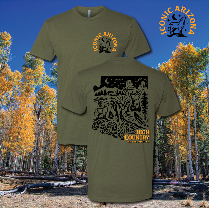 Olive green Up North tee featuring a circular Iconic Arizona Up North logo with a howling coyote under a moon.