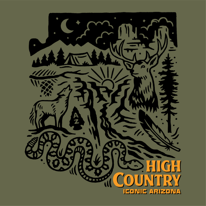 Olive green tee with a large black wilderness scene of mountains trees and wildlife and bold orange text High Country Iconic Arizona.