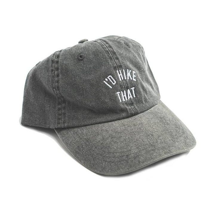 Dark gray dad hat with curved brim and white embroidered ID HIKE THAT on the front.