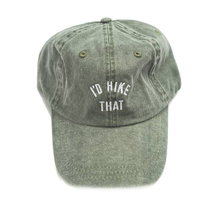 Distressed dark gray dad hat with white ID HIKE THAT embroidery on the front.