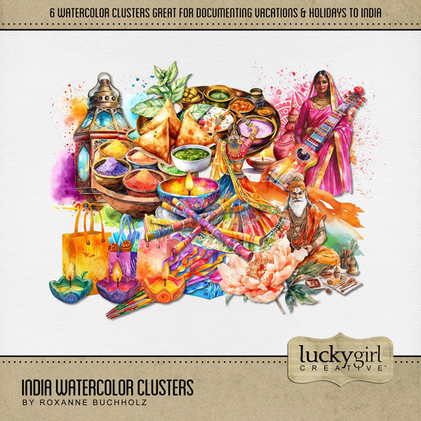 Add these beautiful watercolor clusters by Lucky Girl Creative digital art to all your digital scrapbooking pages to easily create memorable Indian pages and albums of travel to India! Great for vacations to India, Indian heritage and traditional holidays, and even Pakistan, Nepal, Bangladesh, Sri Lanka, Maldives, and Afghanistan! Embellishments include Indian woman, dancer, food, guru, candles, Dandiya sticks, presents, shopping bags, Holi colorful powder, and more!