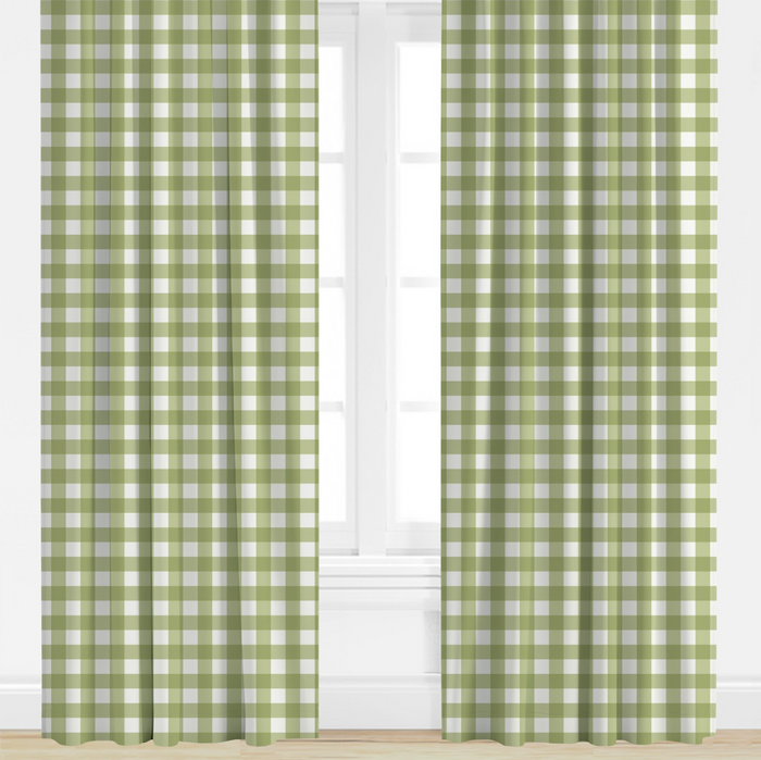 Green and white checkered curtains on a window with a white wall background