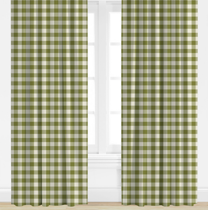 Green and white checkered curtains on a window with a white background