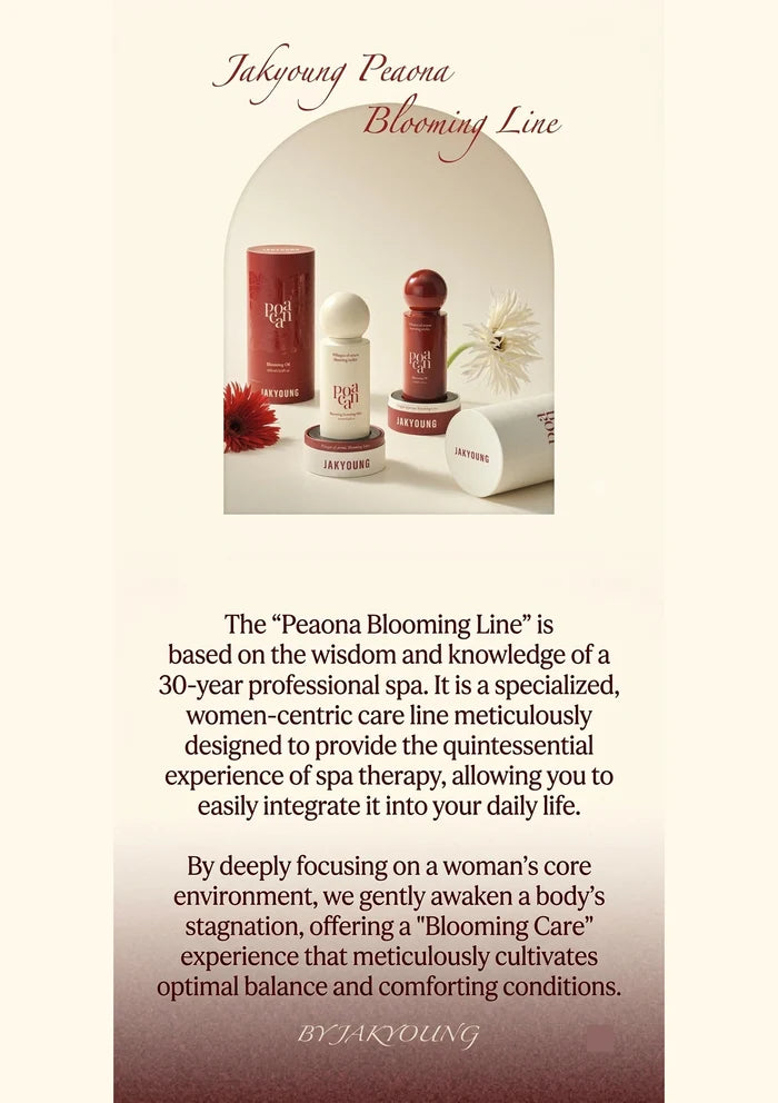 Advertisement for Jakyoung Peaona Blooming Line with skincare products and text.