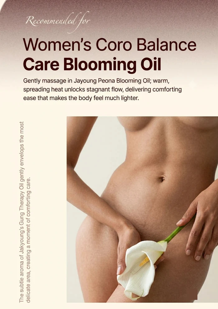 Advertisement for Women's Coro Balance Care Blooming Oil featuring a person holding a white flower.