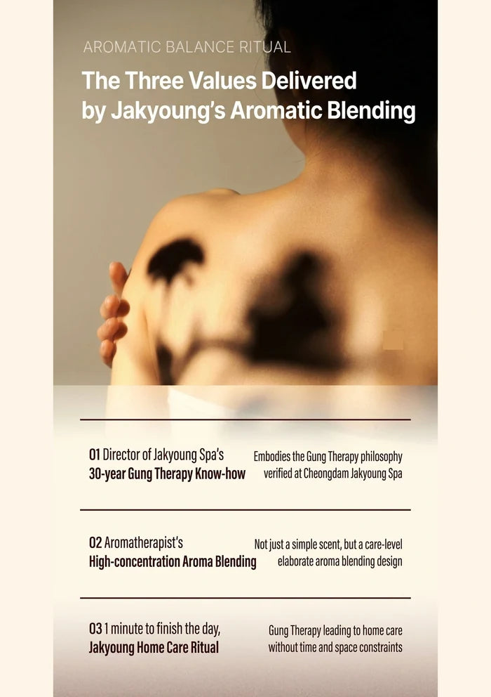 Advertisement for Jakyoung's Aromatic Blending with a blurred image of a person receiving a massage.