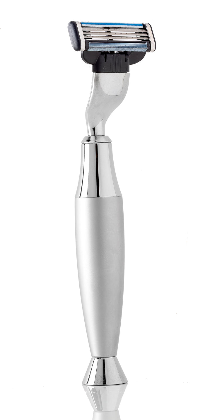 King’s Crown Classic Safety RAZOR, Brush Nickel  handle and Gillete Mach3 Blade. Front View