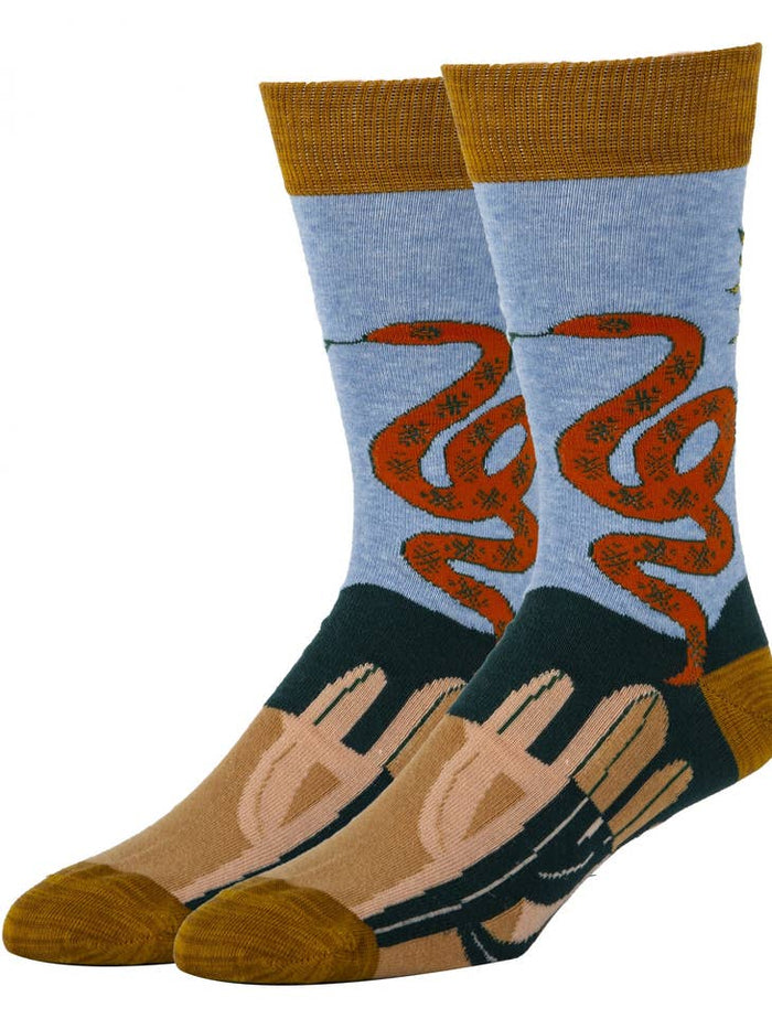 Last Token men's socks with light blue leg and orange snake motif, brown cuff and toes.